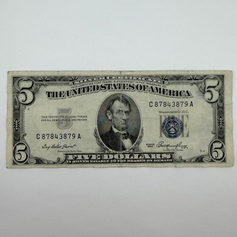 1953 Series $5 Blue Seal Silver Certificate, Serial C87843879A, Philadelphia - C