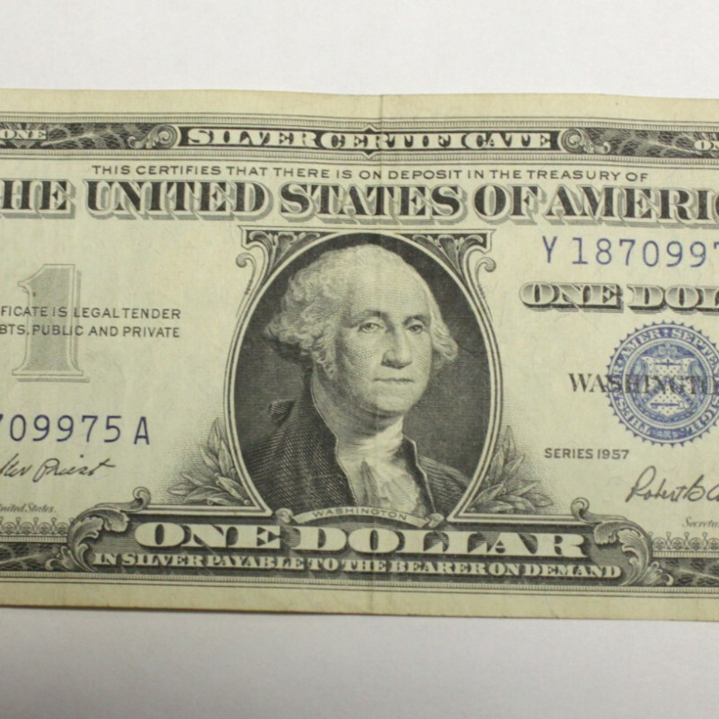 1957 One Dollar Bill Silver Certificate Average Circulated Blue Seal 