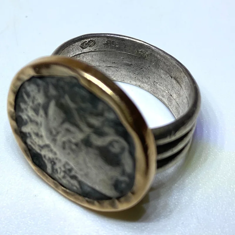 Alexander The Great Coin Ring 14K Gold and Sterling Silver, Size 7