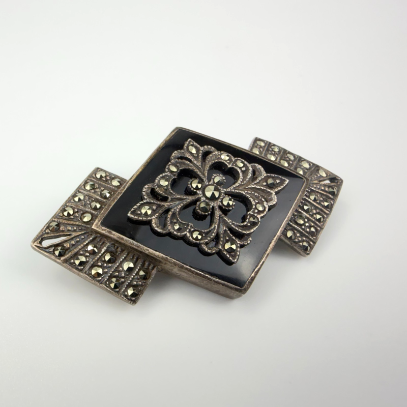 Vintage Geometrical Pin / Brooch with Black Onyx and Marcasite 925 Sterling
