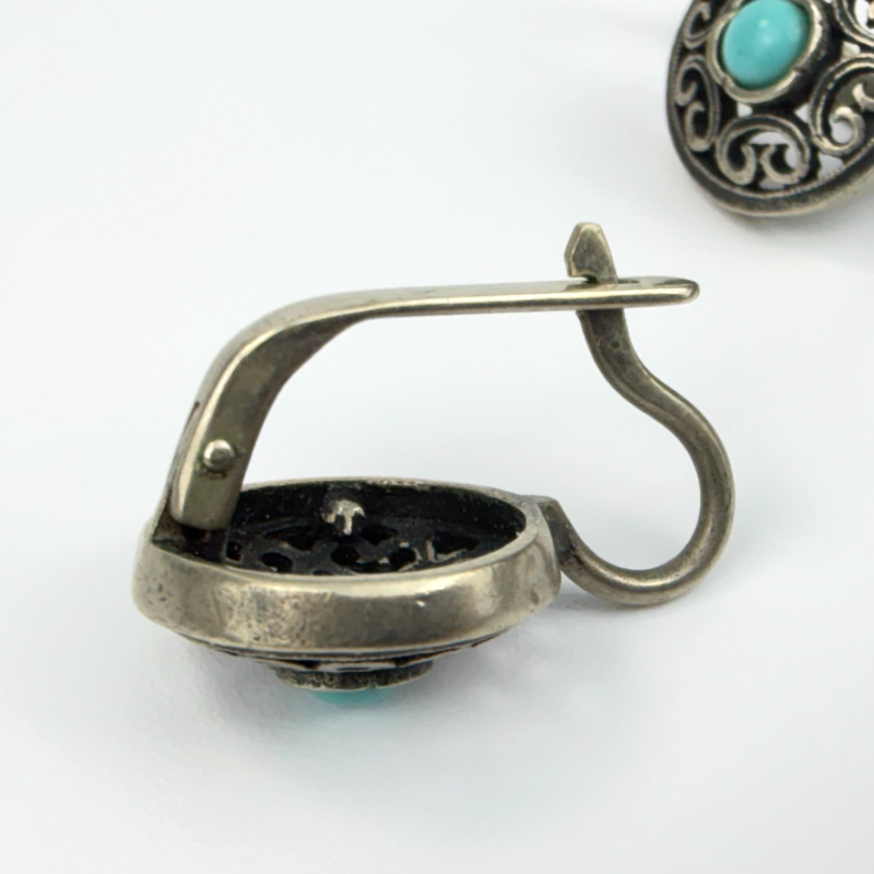 Vintage Openwork Silver Round Earrings with Turquoise