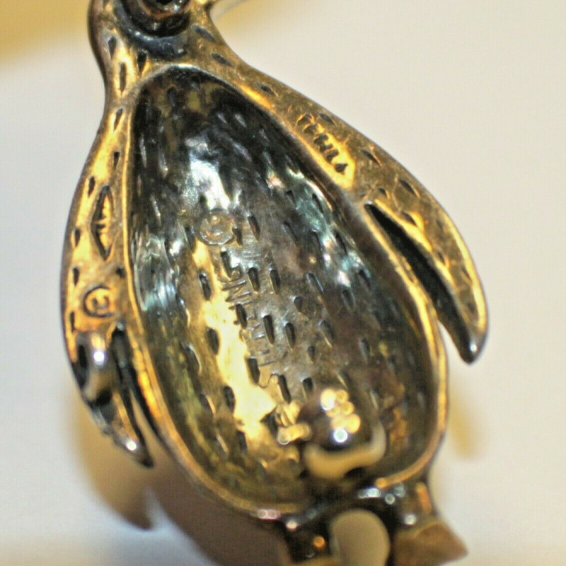 Antique Sterling Silver Marcasite Ferza Engraved Penguin RUBY Red EYE Brooch Antique Sterling Silver Marcasite Ferza Engraved Penguin RUBY Red EYE Brooch