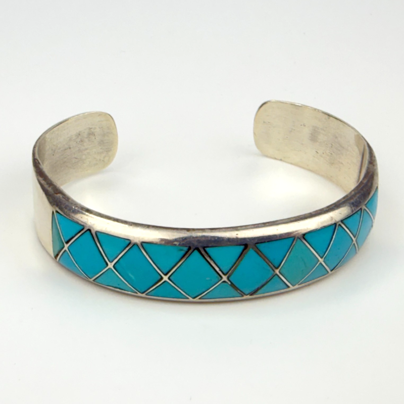 Vintage Zuni Native American Navajo Turquoise Inlay Sterling Silver Bracelet