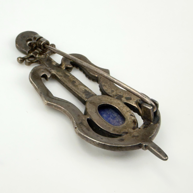 Vintage 925 Sterling Silver Sodalite & Marcasite GUITAR Brooch Pin