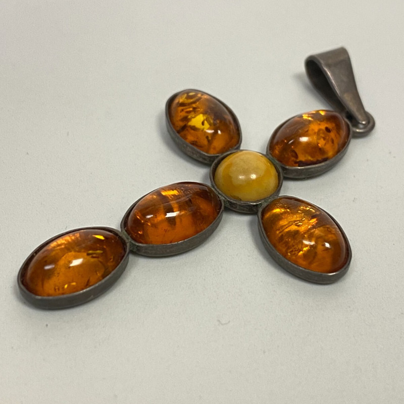 Vintage LARGE AMBER CROSS PENDANT Sterling Silver 53 on 35 mm