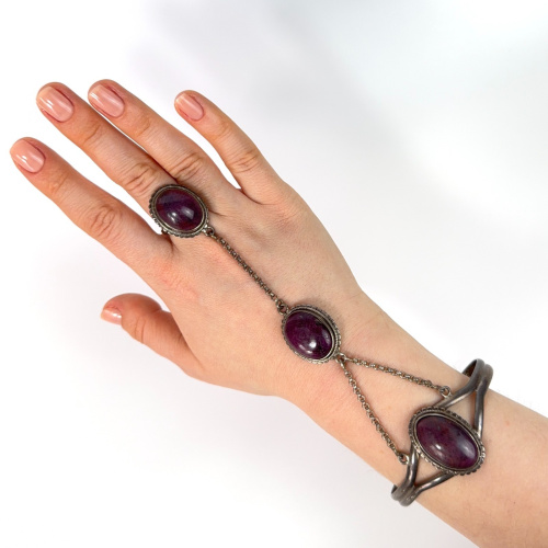 Vintage Navajo Sterling Silver Oval Ruby Slave Bracelet Cuff Ring Adjustable fit