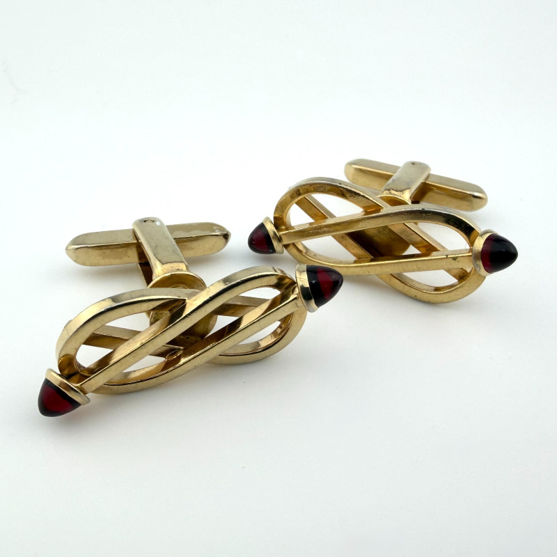 Vintage Golden Hickok Cufflinks USA Deco Style With Ruby Color Stones