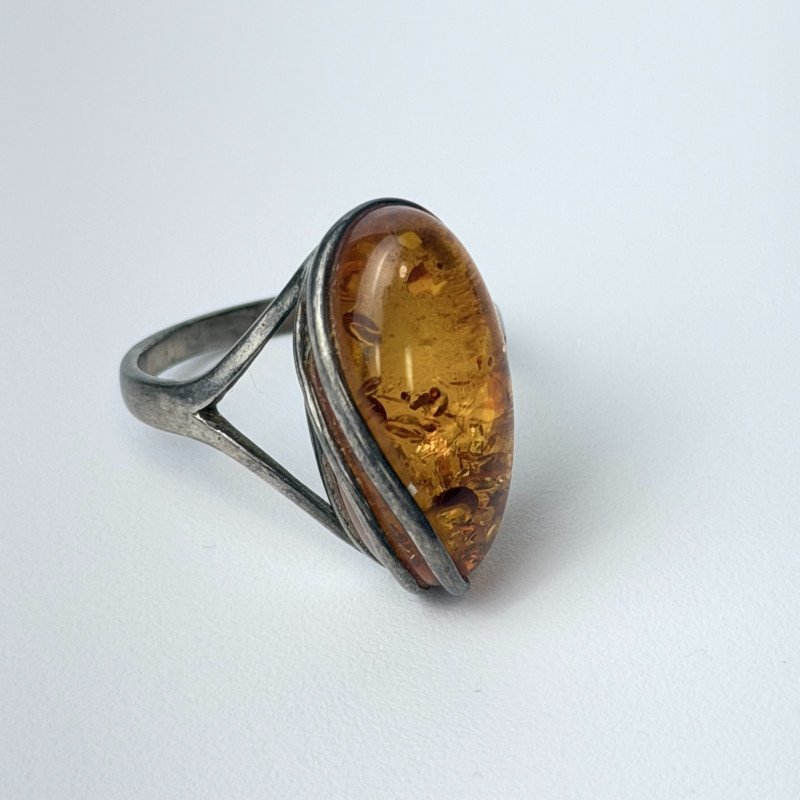 Elegant Antique French Art Nouveau Sterling Silver w Amber stone, sz 9.0