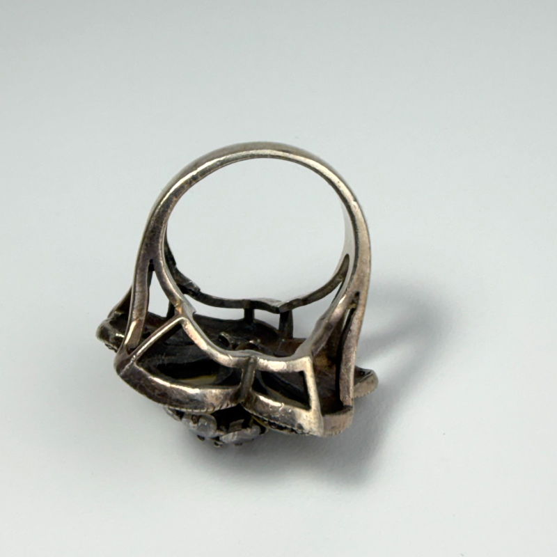 Vintage Sterling Silver Floral Mother of Pearl Marcasite Ring Signed HAN THAI