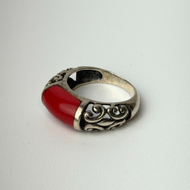Vintage Tag Sterling Silver Red Coral ring, sz 7.0