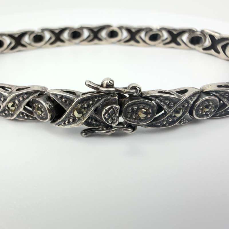 Vintage Signed MO Sterling 925 XO Marcasite Hugs Kisses Love 7.7'' Bracelet 19G
