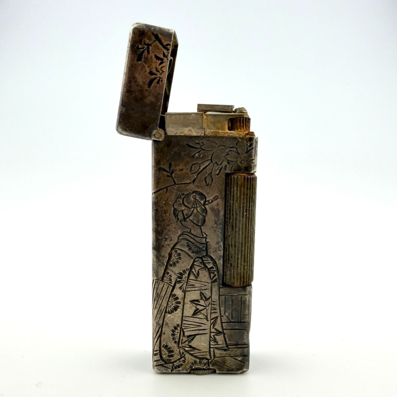 Vintage Sterling Silver Japanese Lighter Taiyo Geisha Kimono Engraved Flip-Top