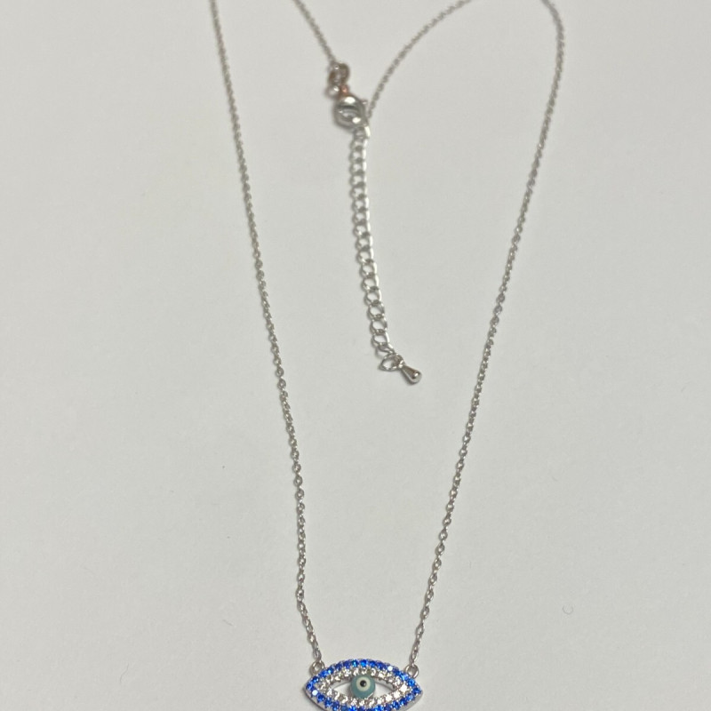Silver 925 and White and Blue Sapphire Celestial Protector Eye Chain Pendant 18"