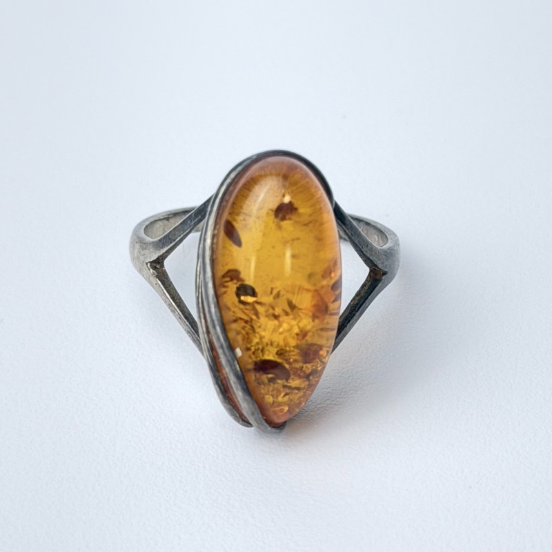 Elegant Antique French Art Nouveau Sterling Silver w Amber stone, sz 9.0