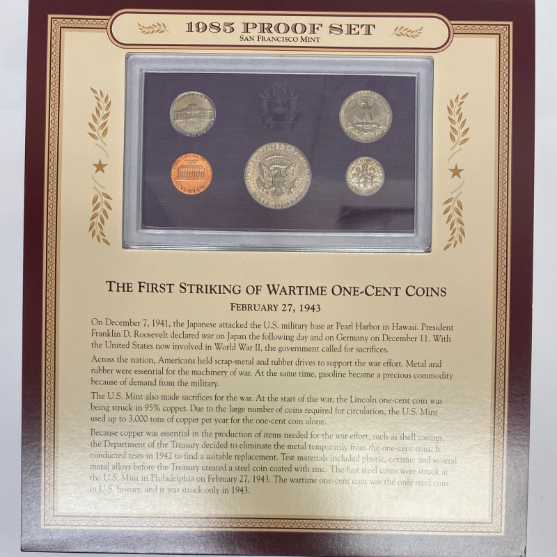 1985 San Francisco Mint Proof Set with Historic 1942 First Independence Day Stam