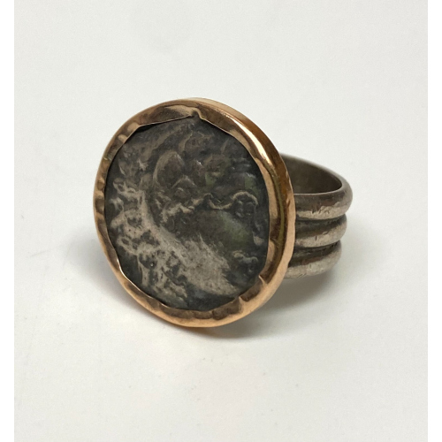 Alexander The Great Coin Ring 14K Gold and Sterling Silver, Size 7