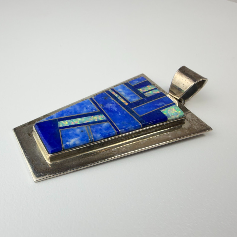 Vintage Navajo Inlay Sterling Mosaic Pendant Necklace, By TF Thomas Francisco