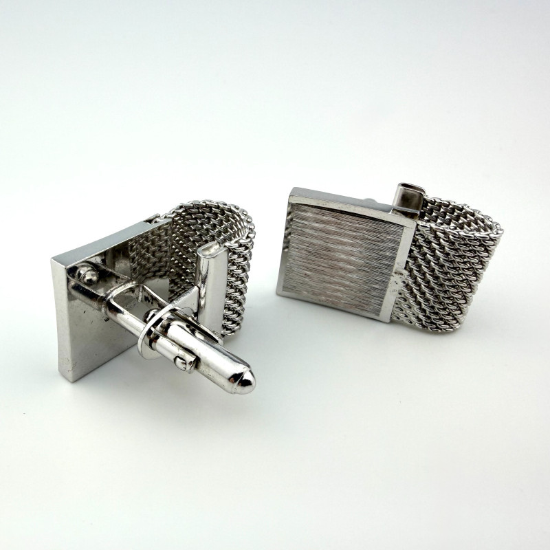 Vintage Square Cuff Links Textured Silver Tone Mesh Wrap Setting Cufflinks