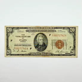 1929 $20 National Currency Banknotes FNB of Atlanta, GA - Serial F00572742A