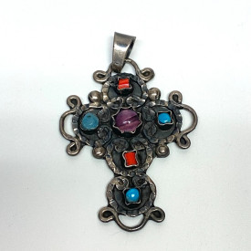 Mexico 825 Silver Amethyst Coral & Turquoise Pendant