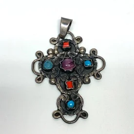 Mexico 825 Silver Amethyst Coral & Turquoise Pendant