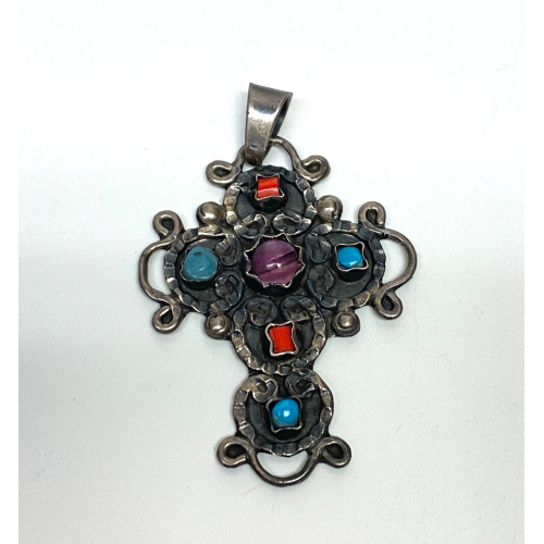 Mexico 825 Silver Amethyst Coral & Turquoise Pendant