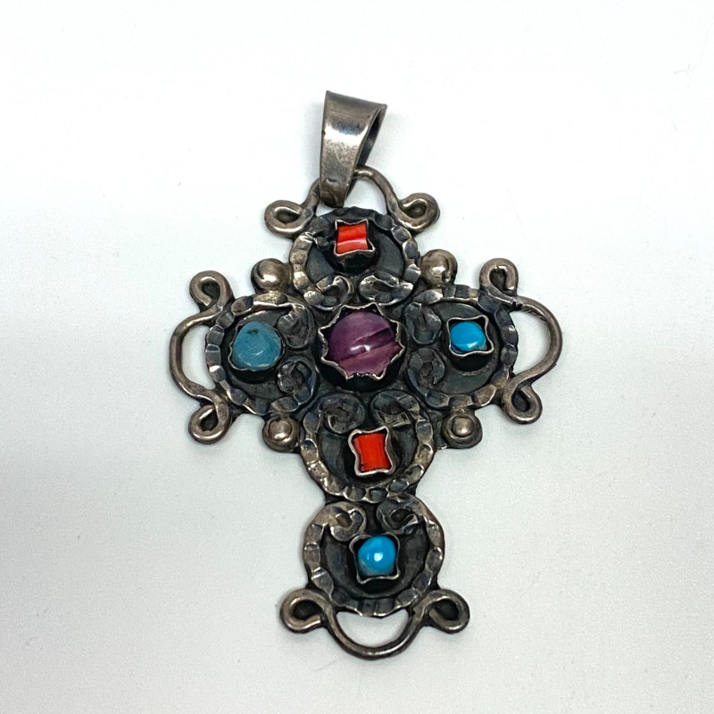 Mexico 825 Silver Amethyst Coral & Turquoise Pendant