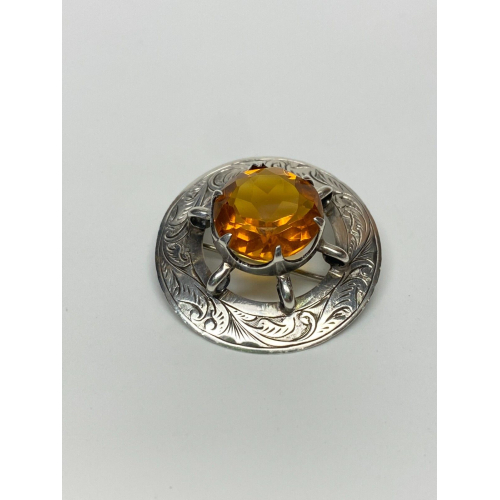 JF Silver Tone Faux Citrine Round Gemstone Circle Brooch