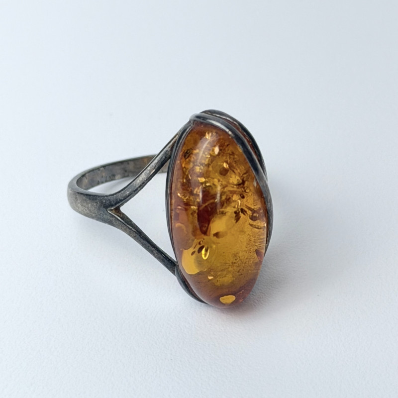 Elegant Antique French Art Nouveau Sterling Silver w Amber stone, sz 9.0