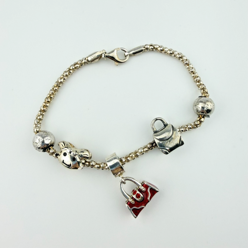 925 Sterling Silver Italian RCI Bracelet With Bag Charms, 7.5 ich