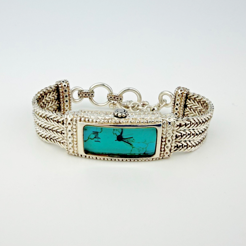 Vintage J. Jill Sterling Silver Turquoise Dial Chain Bracelet Watch Japan Quartz