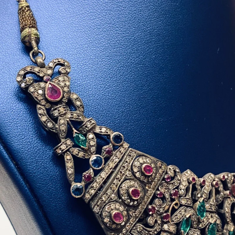 Antique Handmade Necklace and Earrings Diamond Tourmaline Ruby Emerald Sapphire