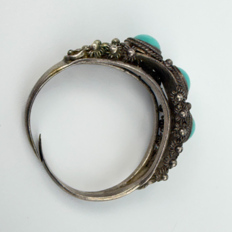 Chinese Export SterlingSilver Filigree Beauty Turquoise Ring, Adjustable