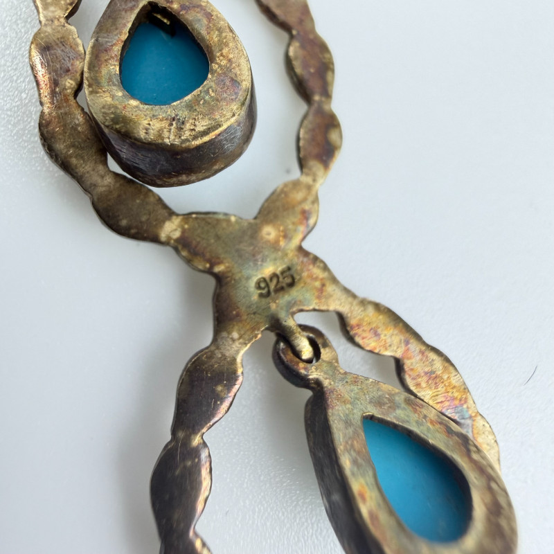 Vintage Boho Natural Turquoise Sterling Silver Dangle Earrings With Yellow Hue