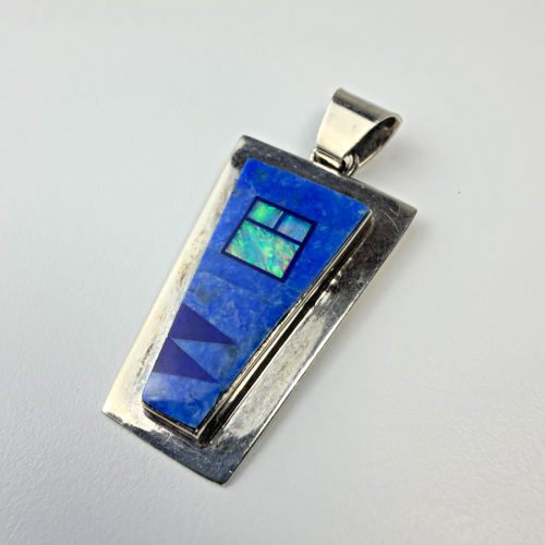 Vintage Navajo Inlay Sterling Mosaic Pendant Necklace, By TF Thomas Francisco Vintage Navajo Inlay Sterling Mosaic Pendant Necklace, By TF Thomas Francisco