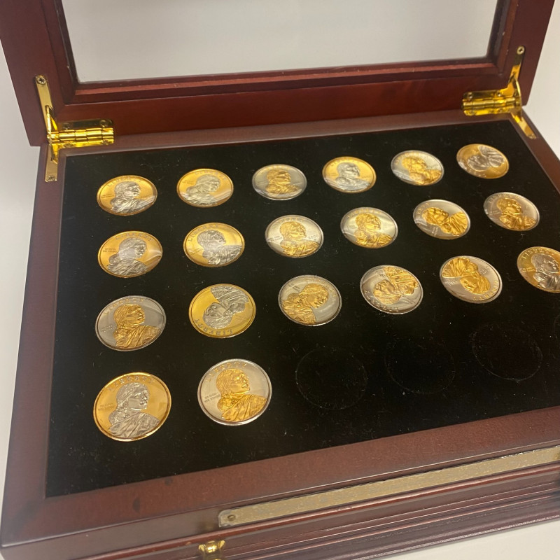 Lot Of 34 Rare Platinum and Gold Highlighted Sacagawea Dollars Box & COA