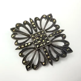 Vintage Art Deco Sterling Silver 925 Marcasite Flower Square Pin Brooch