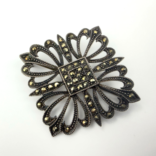 Vintage Art Deco Sterling Silver 925 Marcasite Flower Square Pin Brooch Vintage Art Deco Sterling Silver 925 Marcasite Flower Square Pin Brooch