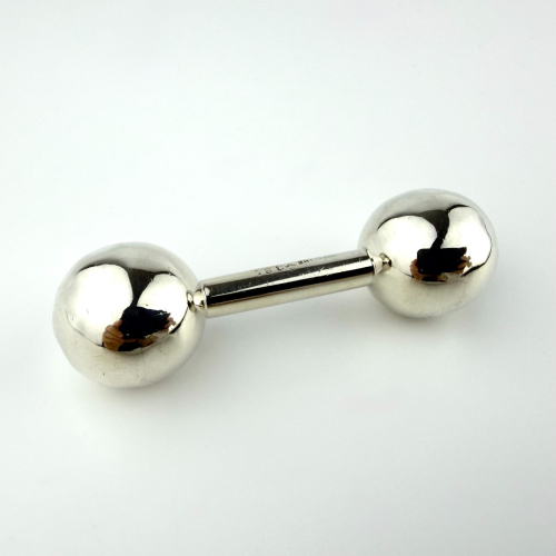Vintage  Silver 384 Baby Rattle Jingle Dumbbell Toy Black Eyes Hollow