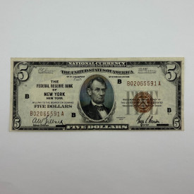 Depression Era 1929 $5 FRBN Brown Seal Low B02065591A Serial, New York District