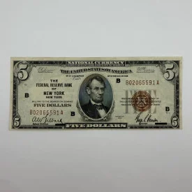 Depression Era 1929 $5 FRBN Brown Seal Low B02065591A Serial, New York District