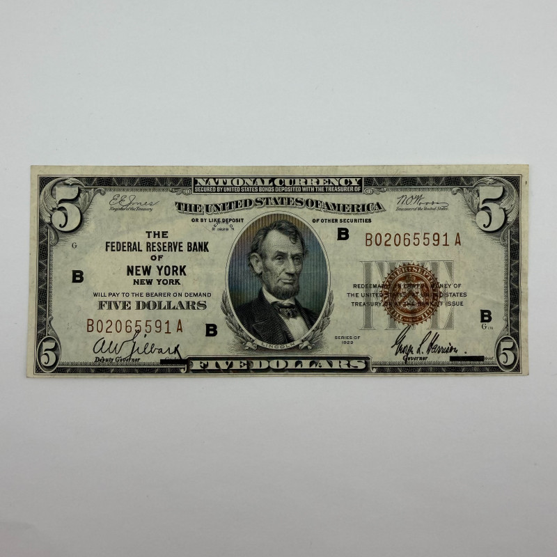 Depression Era 1929 $5 FRBN Brown Seal Low B02065591A Serial, New York District