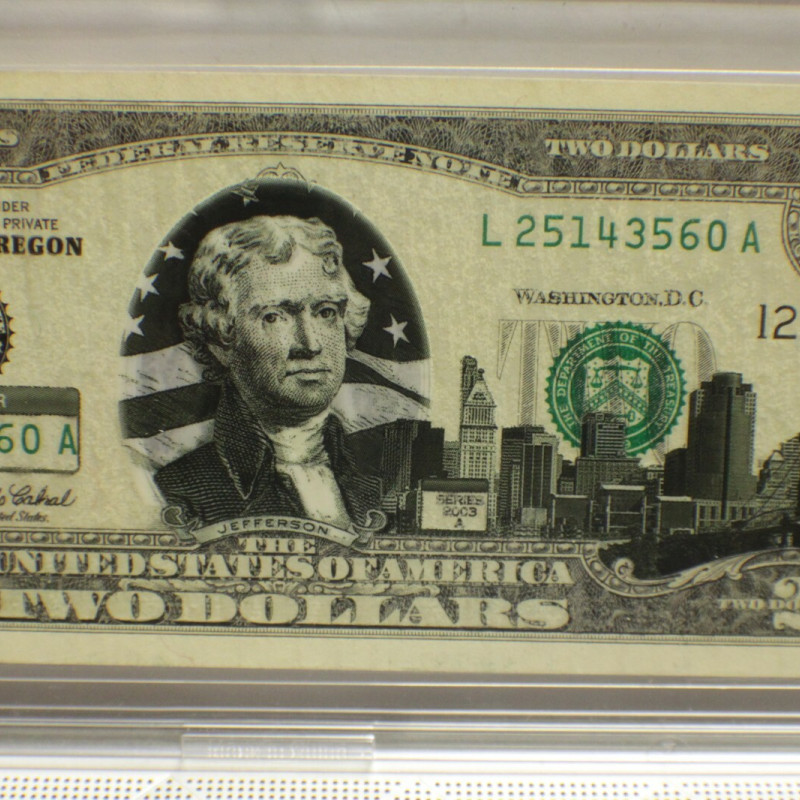 Uncirculated Series 2003A $2 Bill  Oregon with Clear Case Holder Uncirculated Series 2003A $2 Bill  Oregon with Clear Case Holder