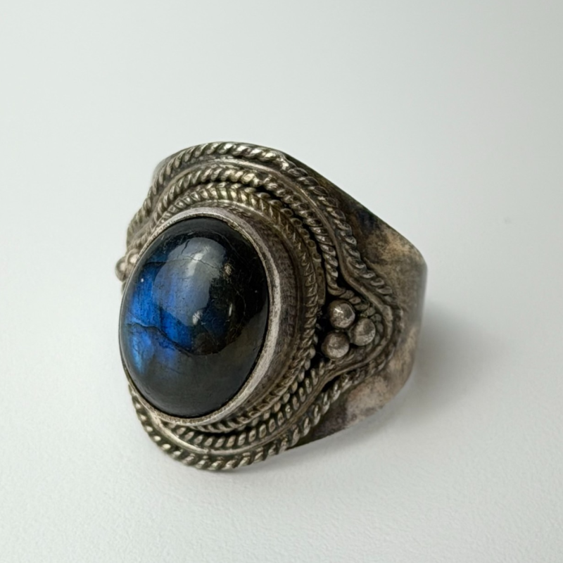 Vintage Bohemian Sterling Silver Natural Black Opal Ring Size 8.5