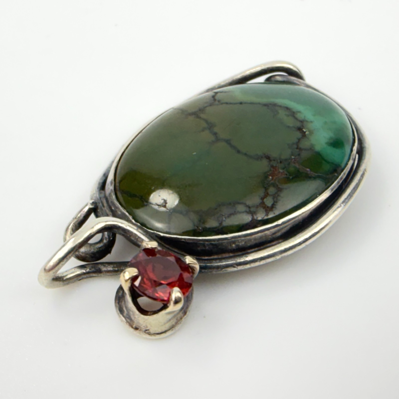Vintage Green Turquoise Garnet Sterling Silver Filigree Pendant