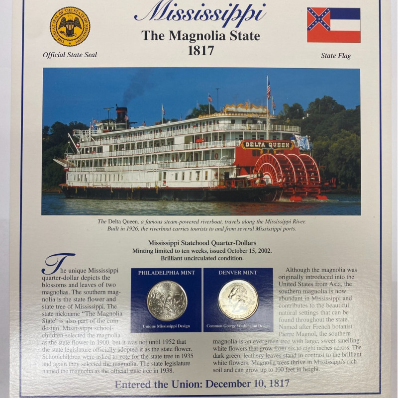 2002 P & D QUARTER COINS MISSISSIPPI STATEHOOD & STAMPS COLLECTION