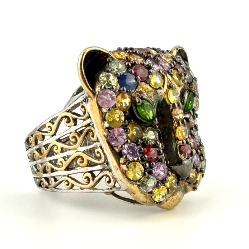 Multi Gemstone Silver Panther/Jaguar Head Ring Sz.11