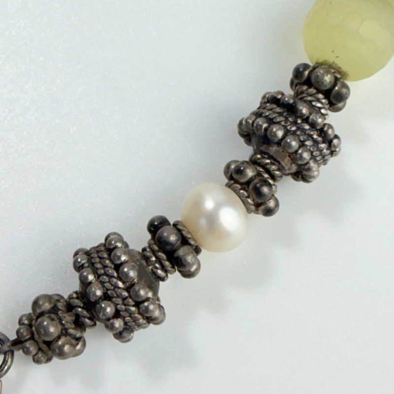 Faceted beads of natural lemon green jade and pearls 925 Sterling Necklace 17''
