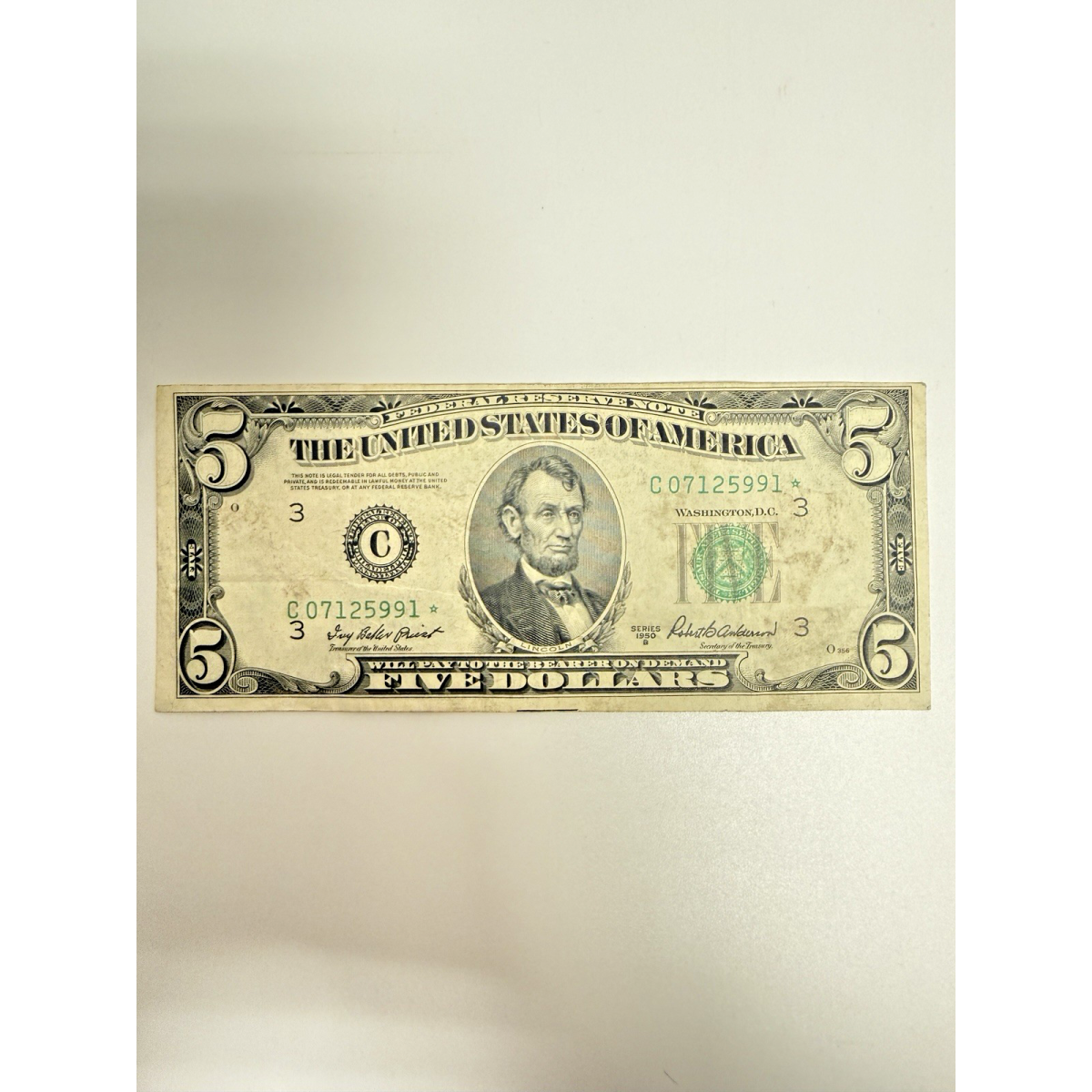 1950B $5 Federal Reserve Star Note Philadelphia (C) Replacement Five Dollar Bill