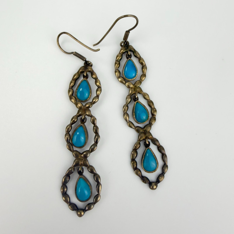 Vintage Boho Natural Turquoise Sterling Silver Dangle Earrings With Yellow Hue